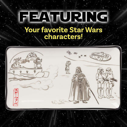 Silver Buffalo Star Wars - Arte japonés de acuarela con Jabba the Hutt, Darth Vader, Stormtroopers juego de sushi de cerámica con plato de salsa para sumergir y palillos a juego