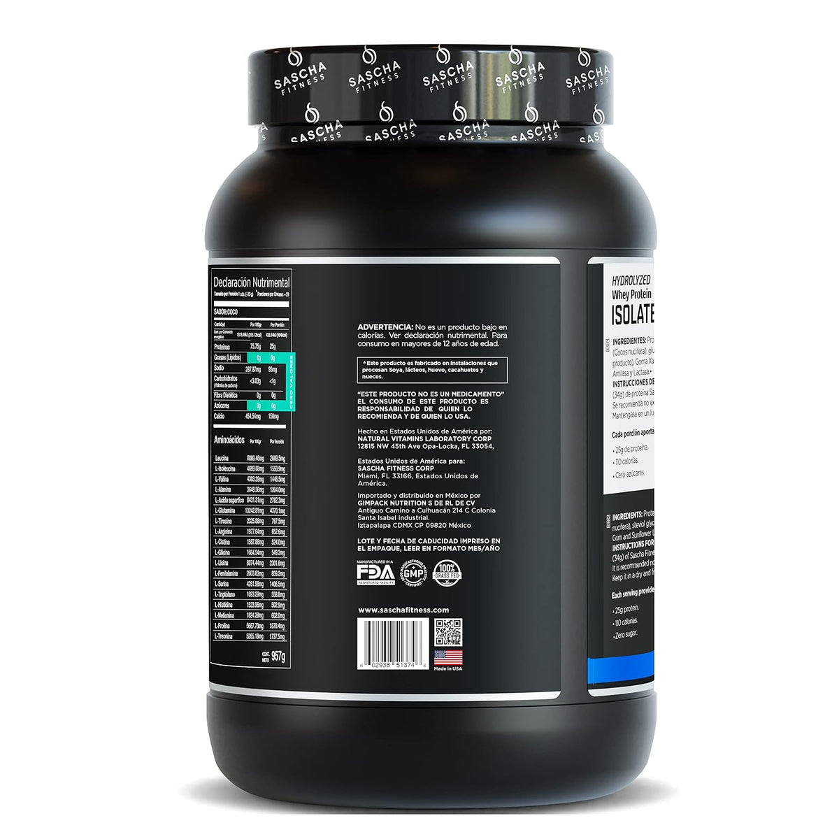 Sascha Fitness Suplemento Alimenticio Proteína sabor Vainilla, 907 gr