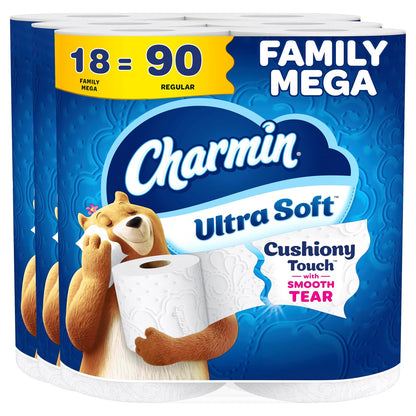 Charmin Ultra Soft Toilet Paper, Family Mega Roll with Cushiony Touch (5x More Sheets*), 18 Count