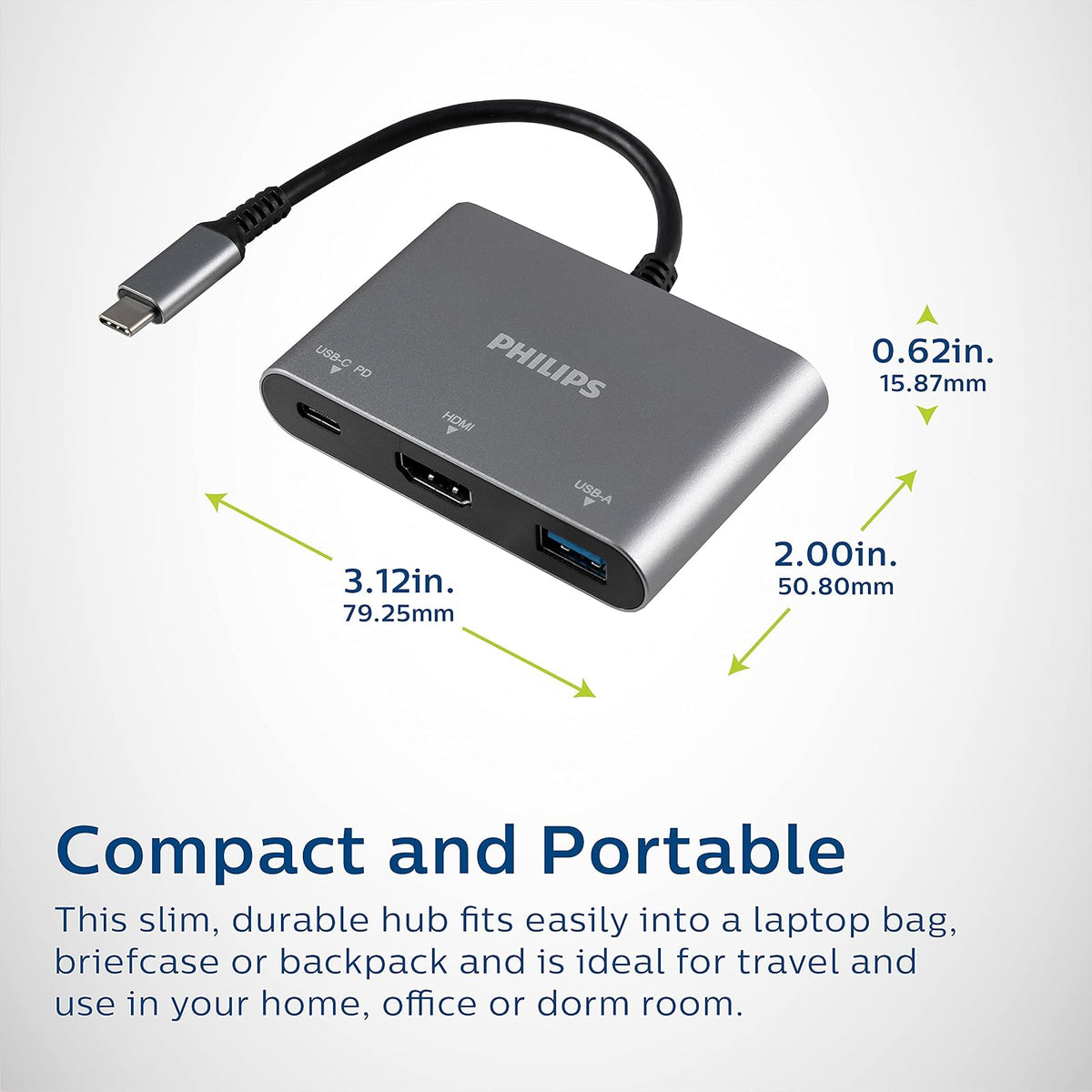Philips Adaptador de concentrador USB C a multipuerto, paso de alimentación 3 en 1, HDMI 4 K a 30 Hz, puerto de carga USB C de 60 W, puerto USB 3.0 de 5 Gbps para MacBook Pro, MacBook Air, estación de