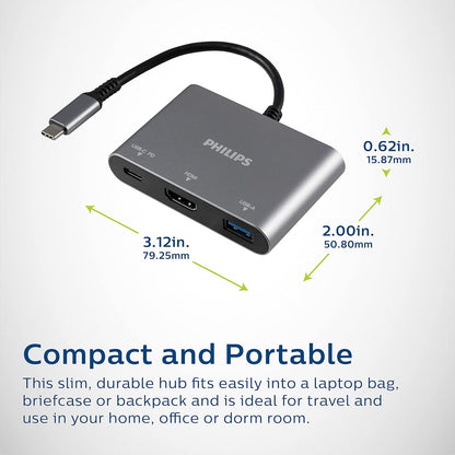 Philips Adaptador de concentrador USB C a multipuerto, paso de alimentación 3 en 1, HDMI 4 K a 30 Hz, puerto de carga USB C de 60 W, puerto USB 3.0 de 5 Gbps para MacBook Pro, MacBook Air, estación de