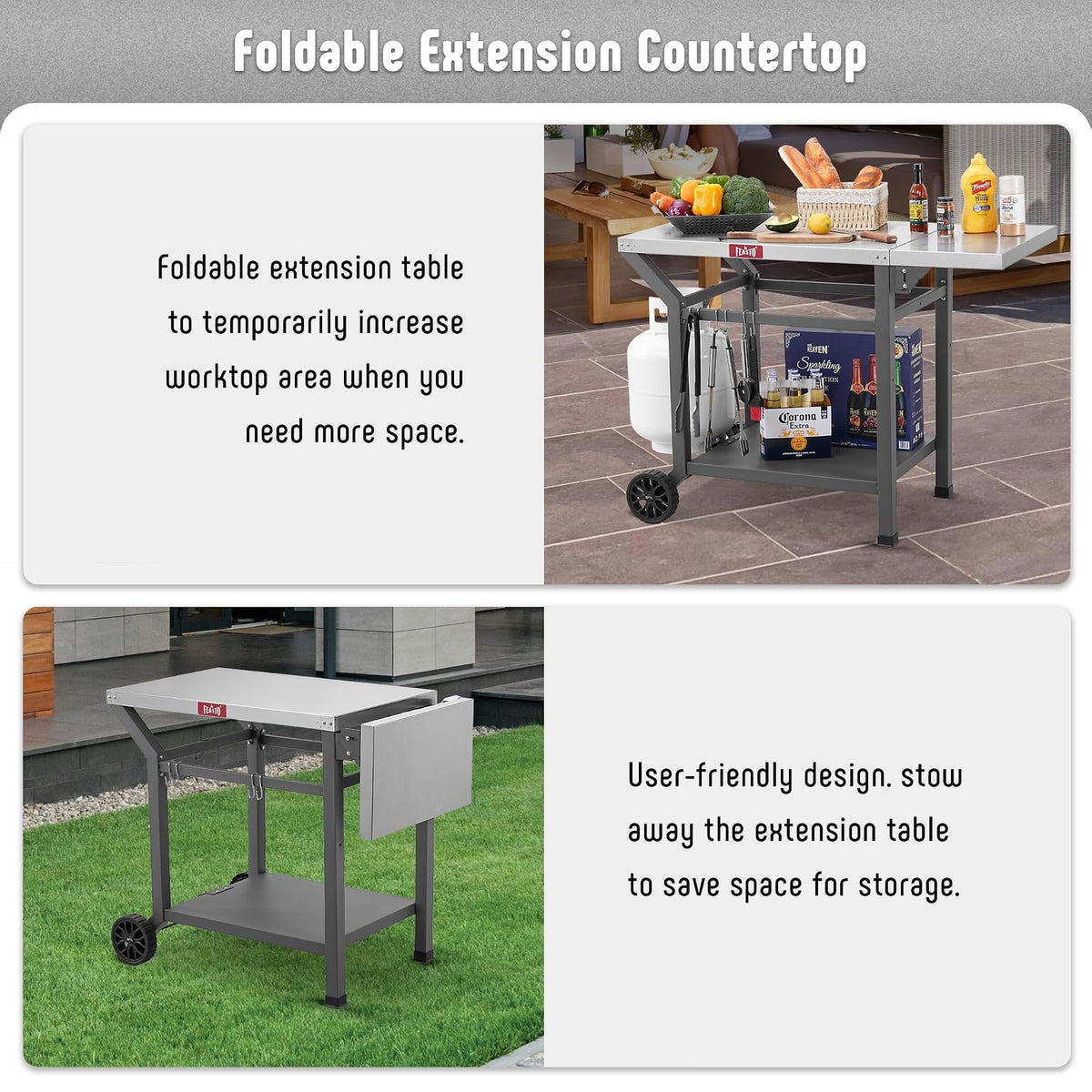 Feasto Mesa de Parrilla para Exteriores, Mesa de Horno de Pizza móvil de 40 x 20 Pulgadas con Ruedas, Carrito de Parrilla de Acero Inoxidable con Estante de Almacenamiento y extensión Plegable, 6