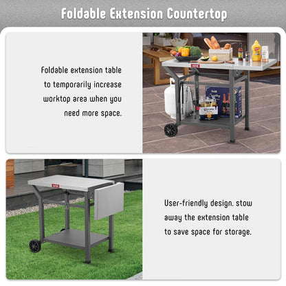 Feasto Mesa de Parrilla para Exteriores, Mesa de Horno de Pizza móvil de 40 x 20 Pulgadas con Ruedas, Carrito de Parrilla de Acero Inoxidable con Estante de Almacenamiento y extensión Plegable, 6
