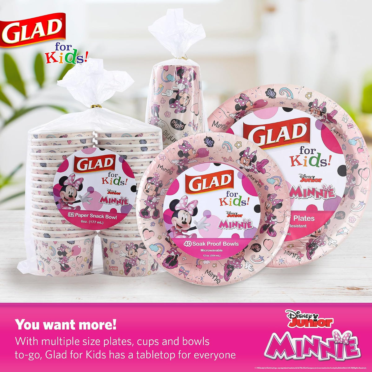 Glad para Niños Cuencos de Papel Mickey and Friends 12oz | Rosa con Lunares, 40 pzs, Diseño Minnie Mouse, Resistentes a Remojo, Seguros para Microondas