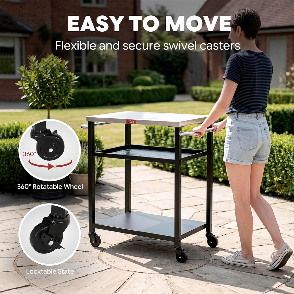 Feasto - Mesa de parrilla de 3 estantes, soporte para horno de pizza con estante ajustable, carro de parrilla móvil, para exterior, carrito de bar al aire última intervensión con ruedas, mesa de acero