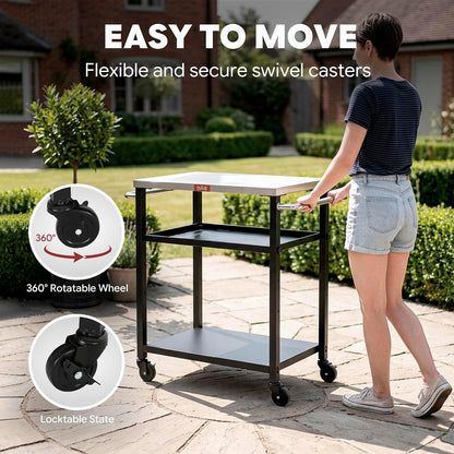 Feasto - Mesa de parrilla de 3 estantes, soporte para horno de pizza con estante ajustable, carro de parrilla móvil, para exterior, carrito de bar al aire última intervensión con ruedas, mesa de acero