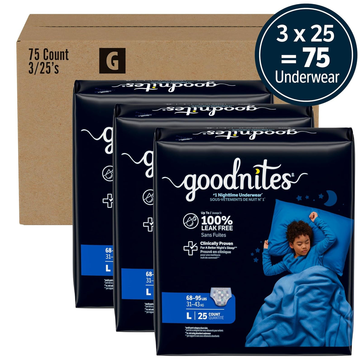 Goodnites Ropa interior nocturna para niños L (70-100 libras). ), 75 Ct