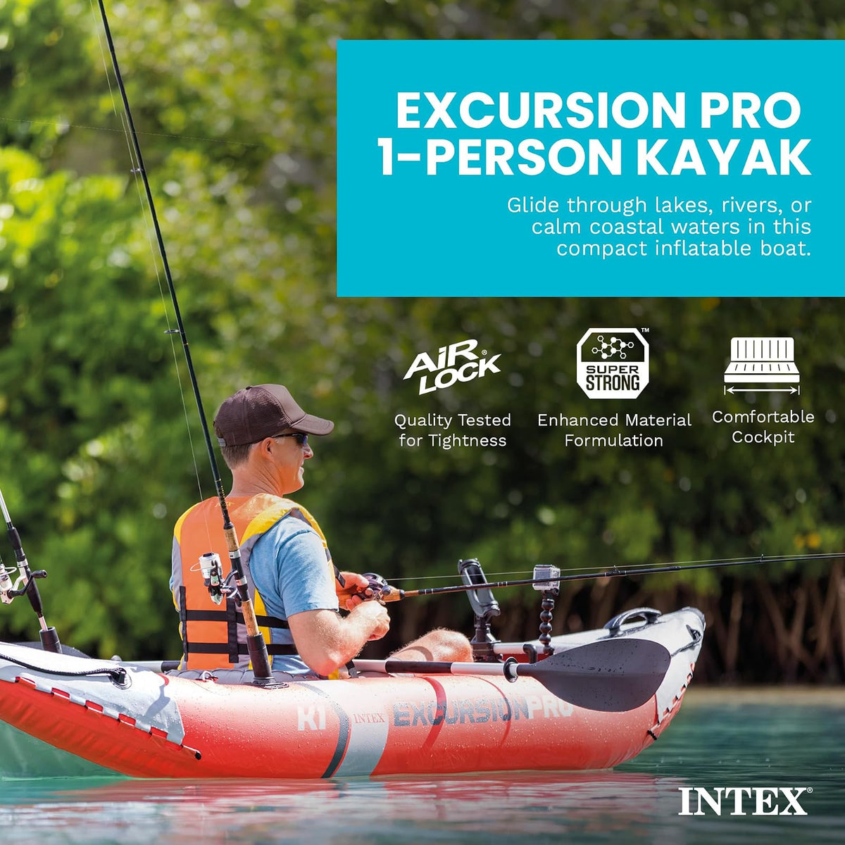 Serie de Kayak Inflable INTEX Excursion Pro: Incluye paletas de Kayak de Lujo de 86 Pulgadas y Bomba de Alto Rendimiento, PVC superresistente, Asiento de cubeta Ajustable, Soportes para caña de