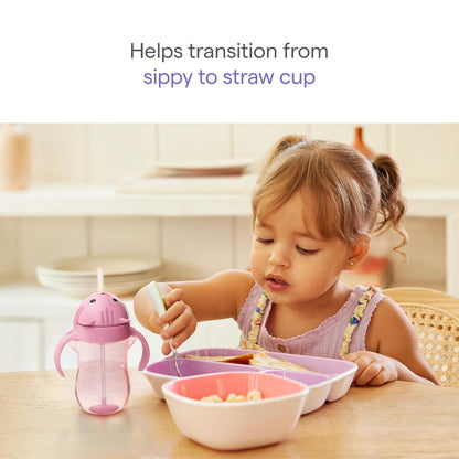 Munchkin Any Angle - Taza de entrenamiento con popote con peso a prueba de derrames, tazas de transición para niños pequeños y bebés, tecnología Click Lock y divertido diseño de gato, 10 onzas, morado