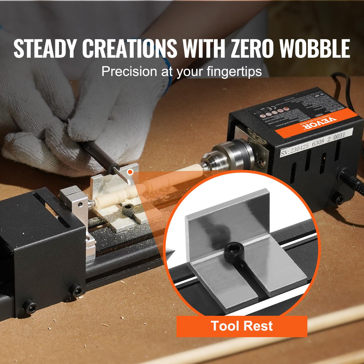 VEVOR Mini máquina de torno, 2.7 x 6.3 pulgadas, 24VDC 96W Mini herramientas de tornos de madera, accesorios de fresadora, 7 velocidades, 4220/5300/5650/6350/6660/7050/8450 RPM, para bricolaje