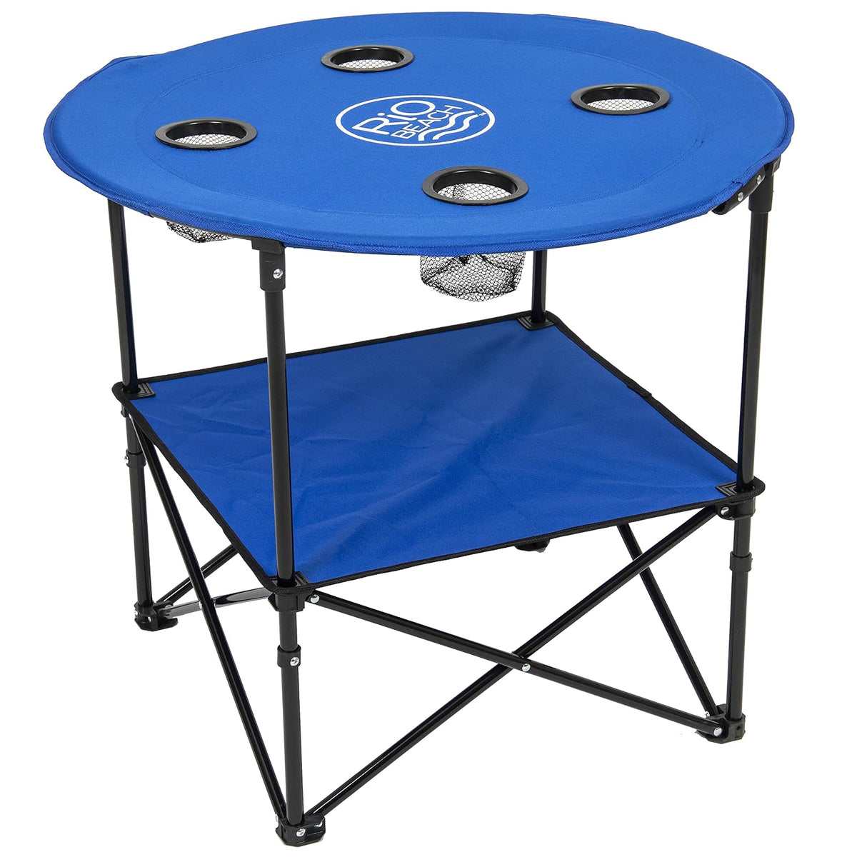 Rio Brands - Mesa de Playa Plegable portátil de Tela Ligera Redonda de 28 Pulgadas con portavasos, Color Azul