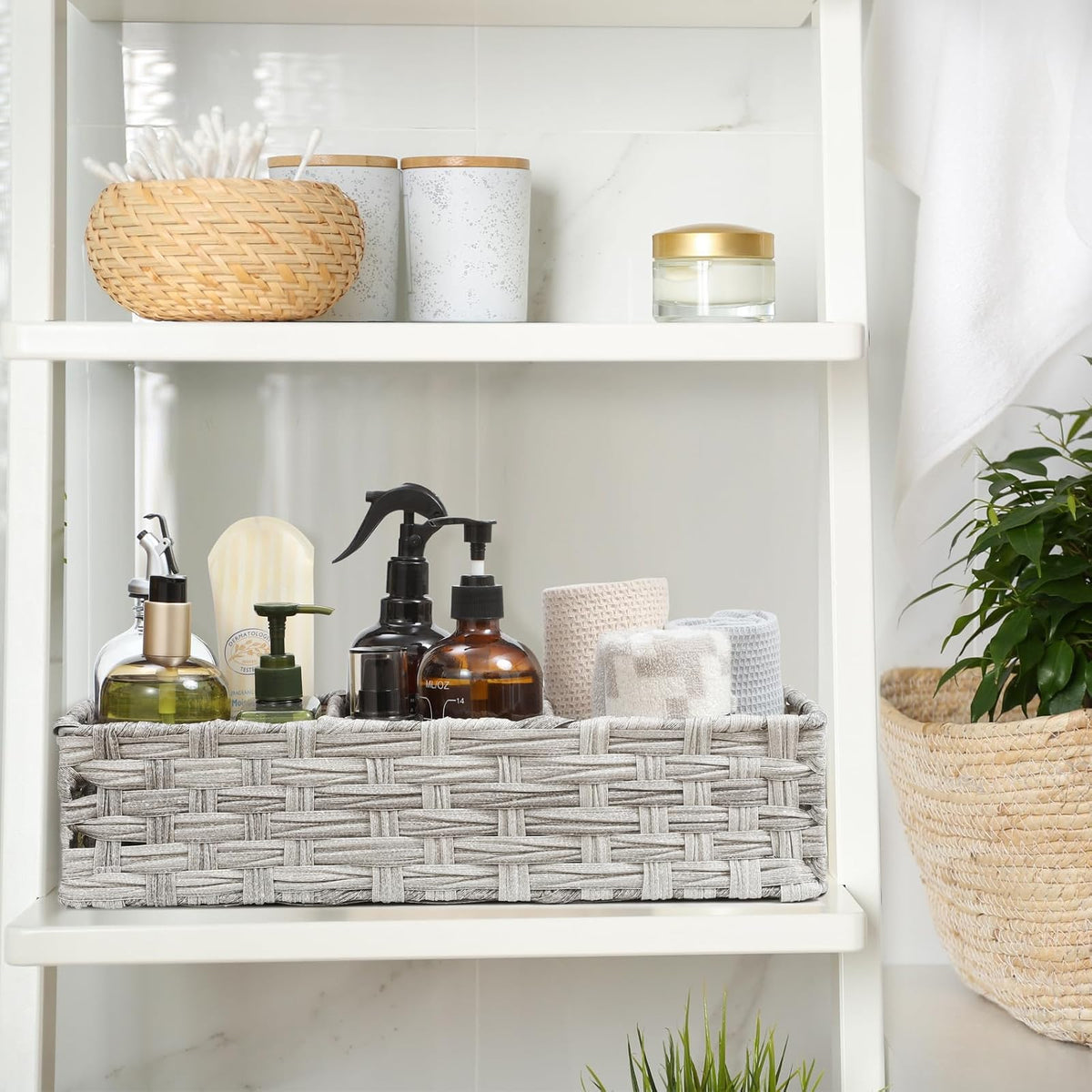 AOZITA Cesta de Papel para Inodoro con Divisor | Lavado gris, tejido a mano, mimbre plástico, almacenamiento múltiple