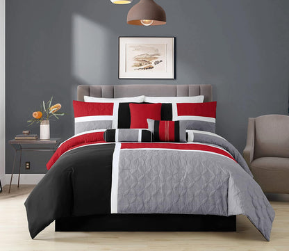 Chezmoi Collection - Juego de edredón Acolchado de 7 Piezas con diseño de Patchwork - Queen, Rojo/Gris/Negro
