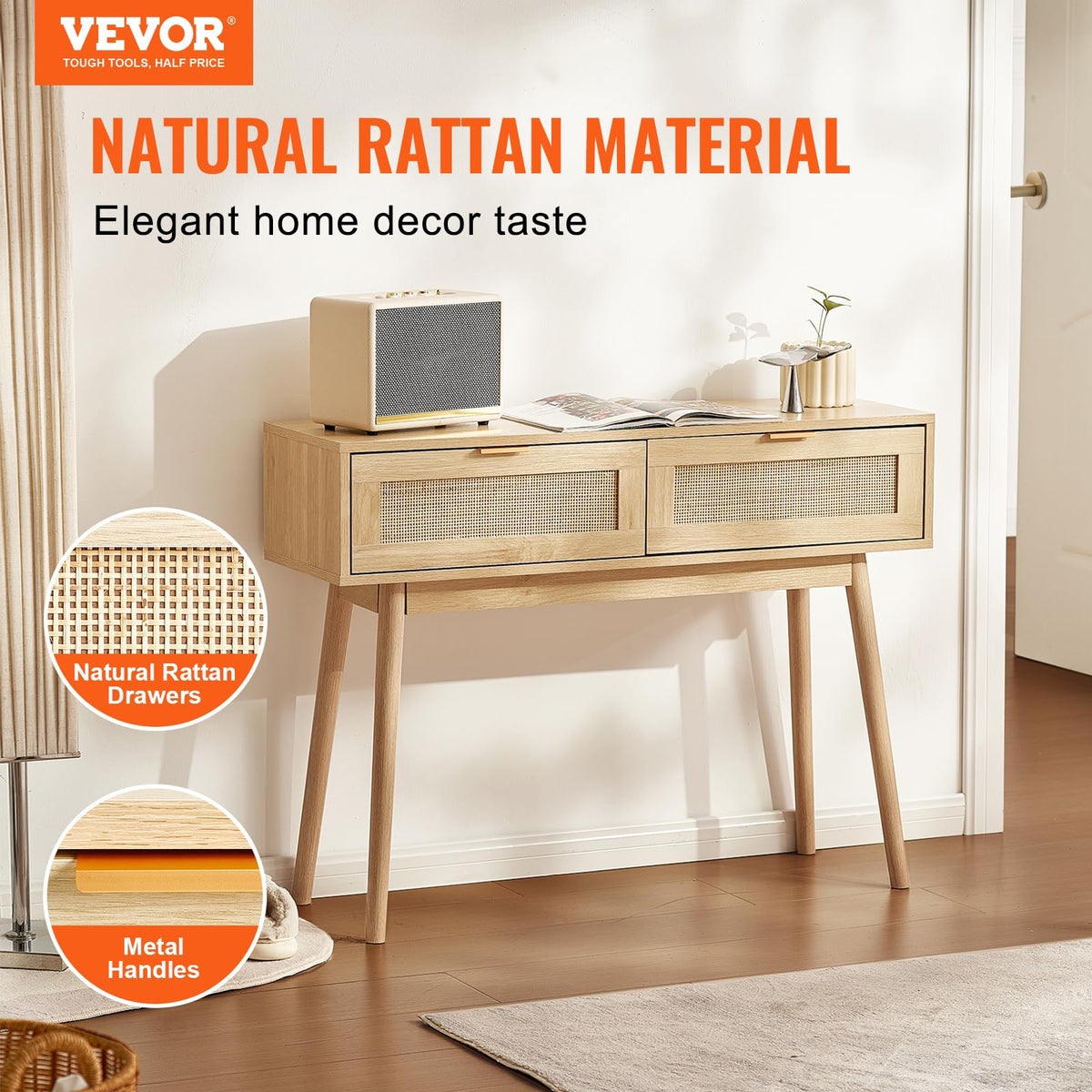 VEVOR Mesa Consola de ratán con 2 cajones de Almacenamiento, Mesa de Entrada de ratán con Puerta corrediza de ratán Natural, Mesa Consola de sofá para Sala de Estar, Entrada o Pared de TV, Natural