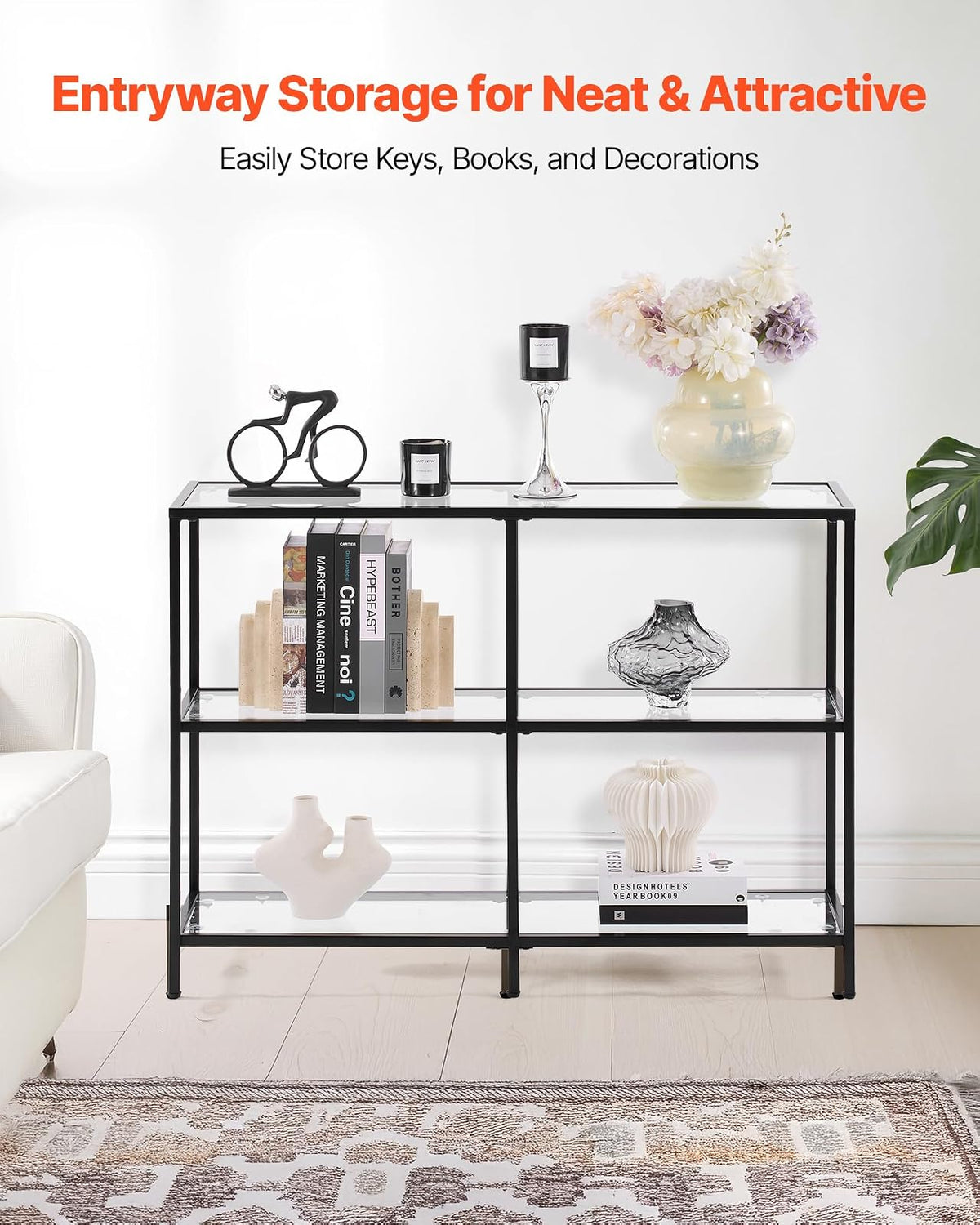 VEVOR Mesa Consola de Vidrio 3 Niveles 100 x 30 x 72,9 cm Mesa Auxiliar Rectangular para Sofá con Tablero de Vidrio Templado, Patas de Hierro para Sala de Estar, Pasillo, Entrada, Recibidor, Negro