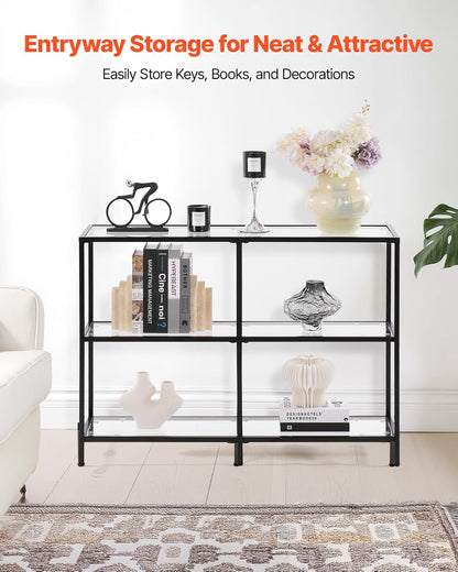 VEVOR Mesa Consola de Vidrio 3 Niveles 100 x 30 x 72,9 cm Mesa Auxiliar Rectangular para Sofá con Tablero de Vidrio Templado, Patas de Hierro para Sala de Estar, Pasillo, Entrada, Recibidor, Negro