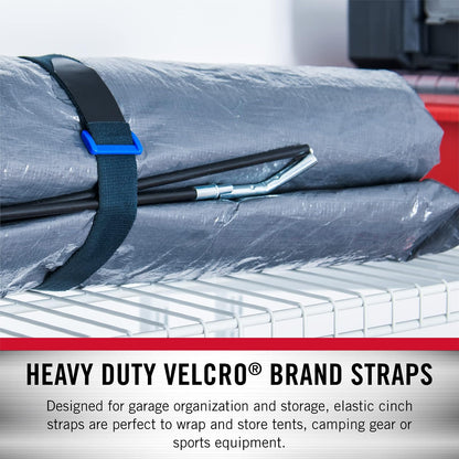 VELCRO Brand Garage Organization Correas elásticas de cincha, color negro | Correas reutilizables de 1 pulgada de ancho para agrupar postes y estacas, gestionar cables de herramientas eléctricas