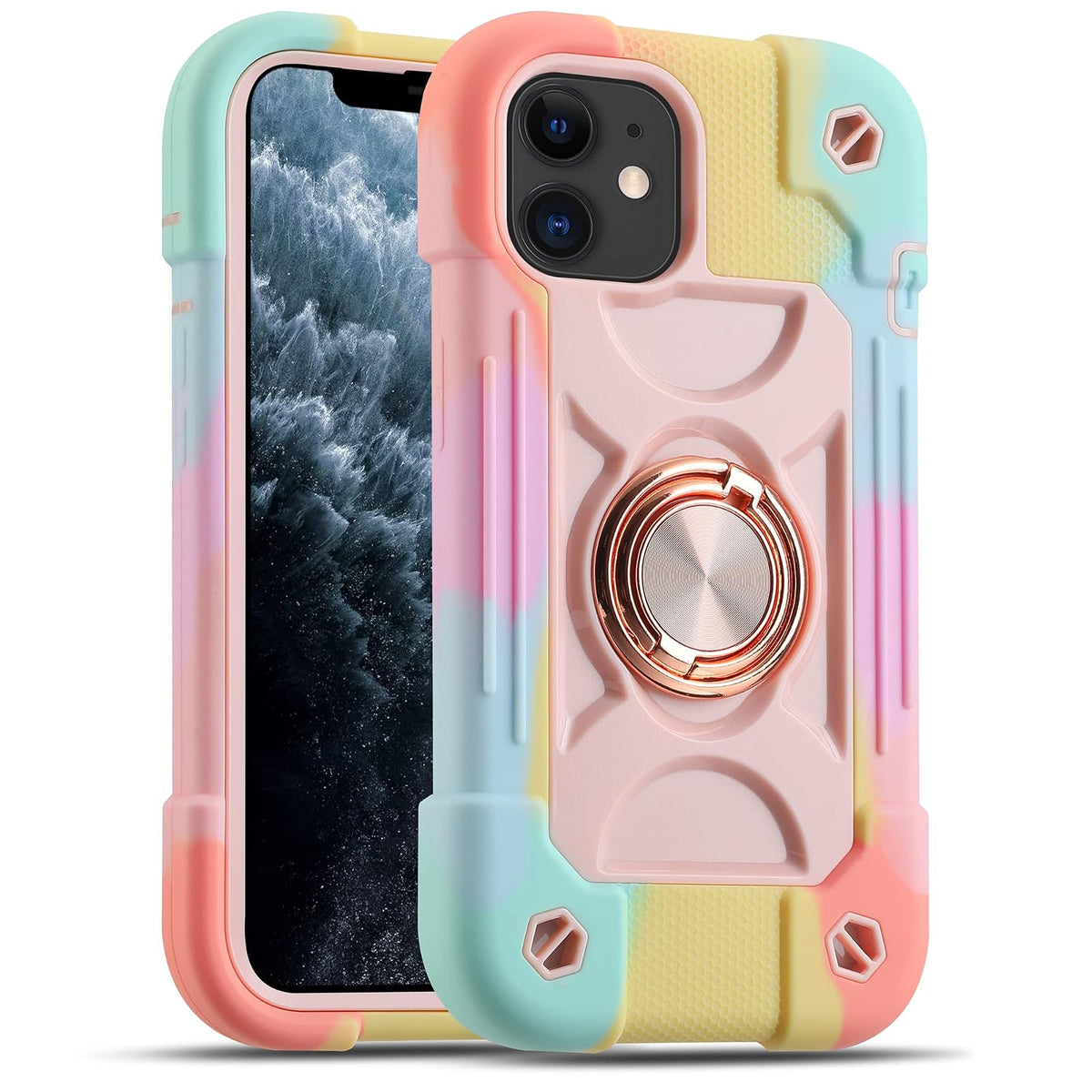 Markill Funda para iPhone 11 con Anillo Giratorio 360° y Soporte, Grado Militar - Rosa Arco Iris