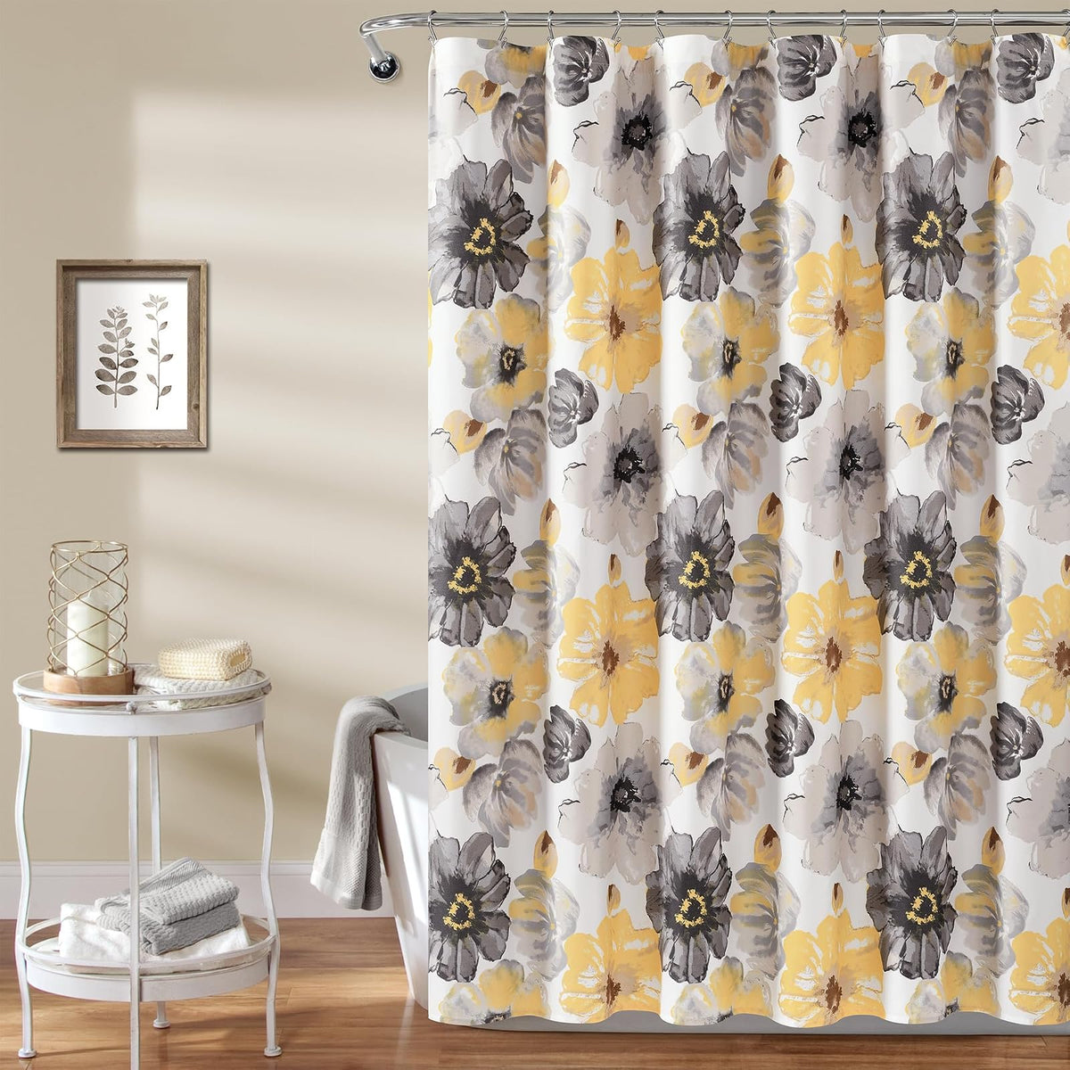 Lush Decor Leah - Cortina de Ducha con diseño de Flores Grandes Flores, 183 x 183 cm, Color Amarillo y Gris