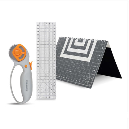 Fiskars - Juego de 3 piezas de cortador rotativo de hoja de 45 mm para tela, alfombrilla de corte auto curativa y regla de costura, suministros para manualidades, blanco/gris