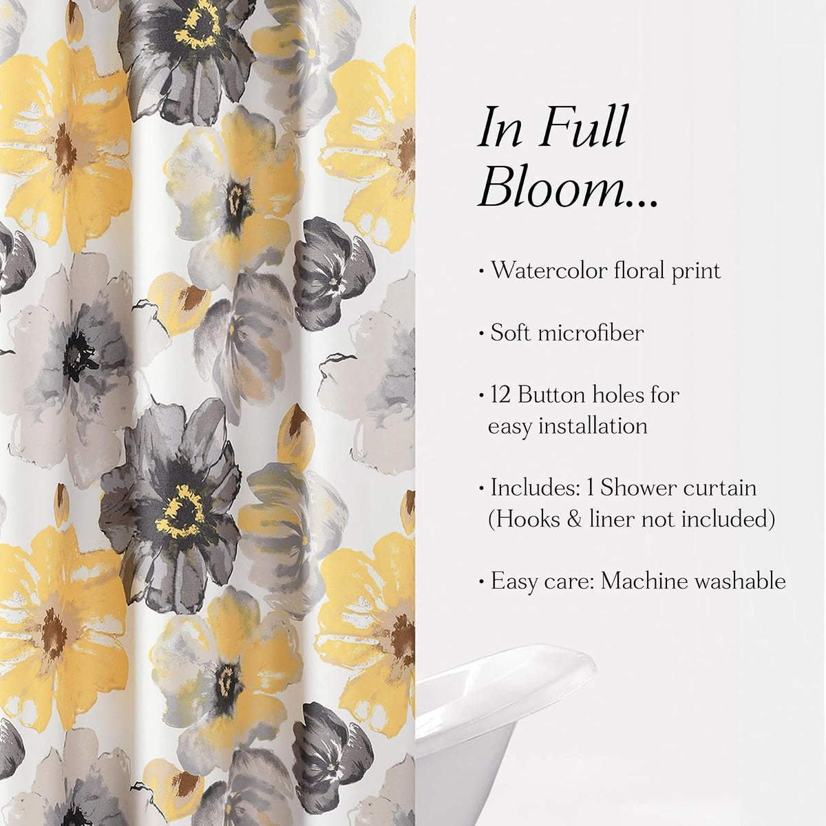 Lush Decor Leah - Cortina de Ducha con diseño de Flores Grandes Flores, 183 x 183 cm, Color Amarillo y Gris