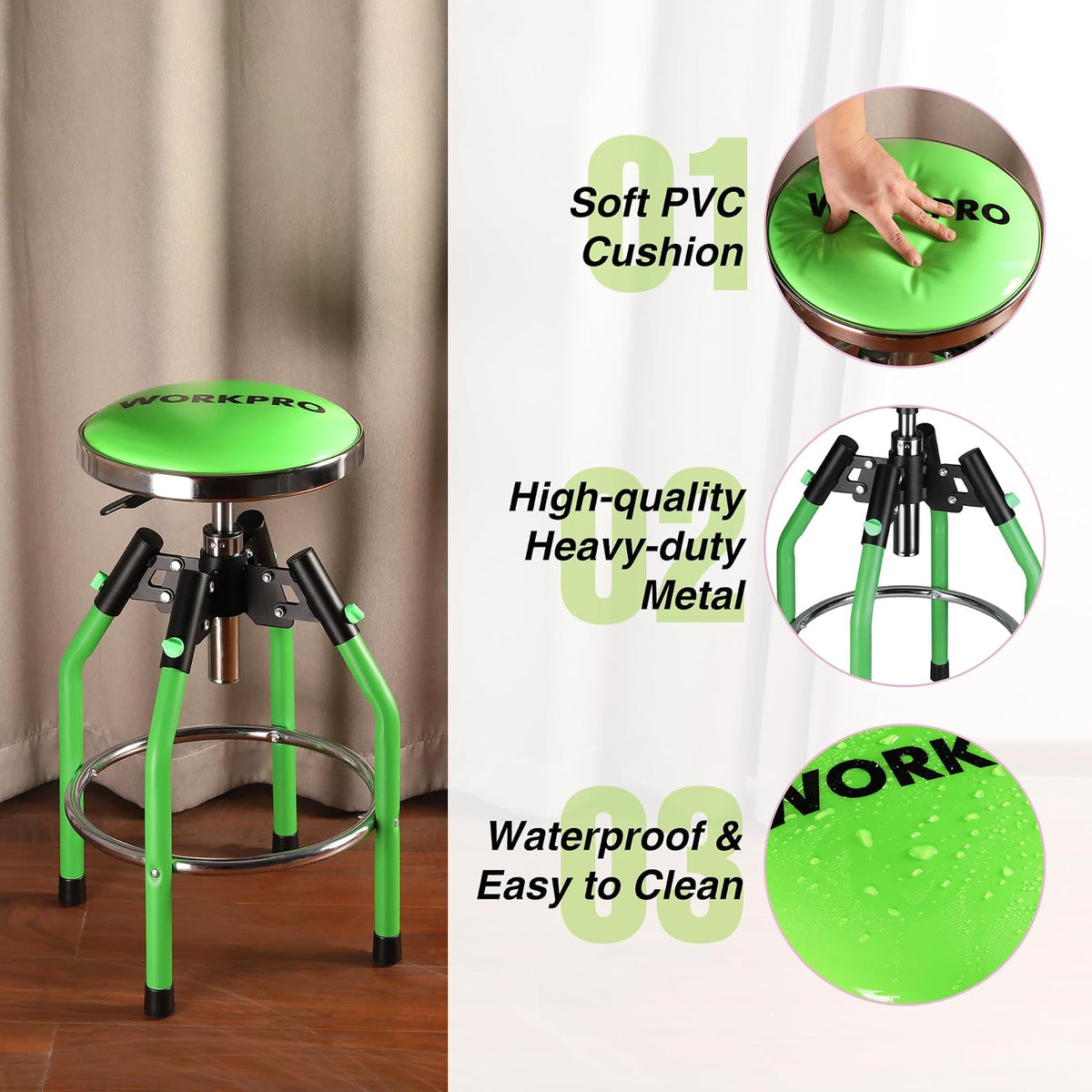 WORKPRO - Taburete de Bar de cochera, Taburete hidráulico Ajustable de Alta Resistencia, 29 a 33 86 Pulgadas, Capacidad de 350 Libras, Verde