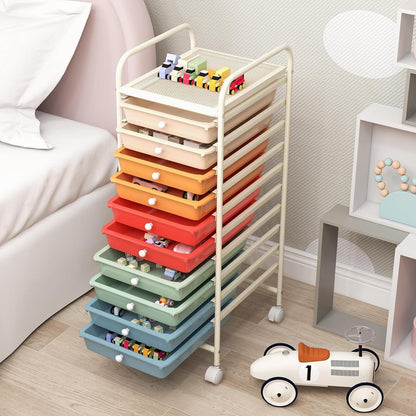 OFFICEJOY - Carrito de almacenamiento con 10 cajones, asas portátiles y ruedas con bloqueo, organizador de almacenamiento de juguetes de papel móvil de gran capacidad para el hogar, oficina, profesor