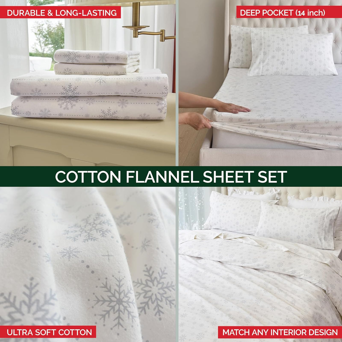 Elegant Comfort - Juego de sábanas de franela de algodón turco, ultra suave, 4 piezas, 100% algodón, sábanas de franela de Navidad, cálidas y acogedoras de calidad premium, sábana bajera ajustable con