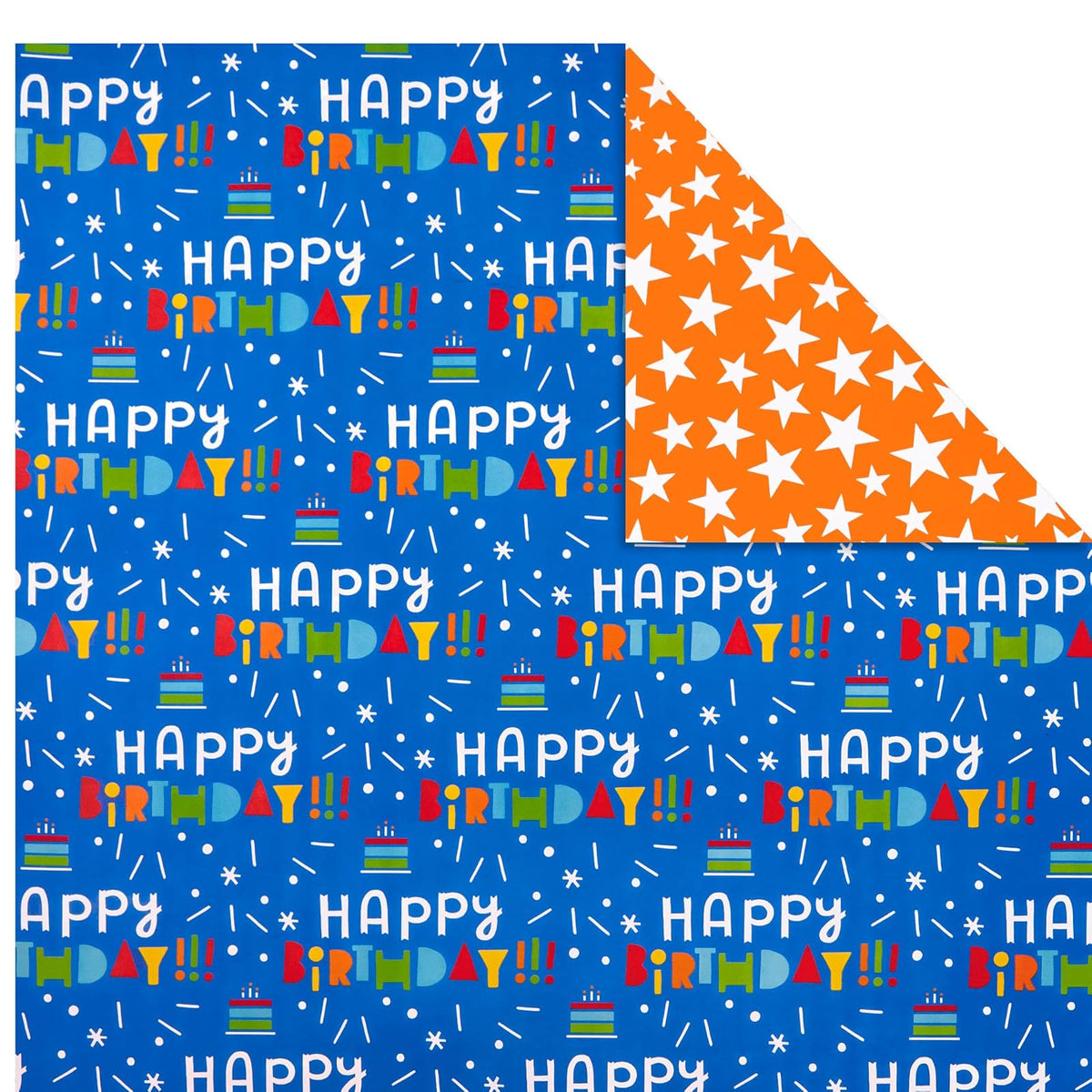 Hallmark - Rollos de papel de regalo de cumpleaños, globos, estrellas, magdalenas, rayas azules, papel de regalo rojo sólido (juego de 3 rollos reversibles: 75 m2 pies ttl.)