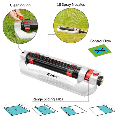 Eden 94095 - Aspersor oscilante turbo resistente, cubre hasta 4.000 m2 18 boquillas de precisión, base de aluminio ponderado, rango ajustable, control de flujo, pestañas de ajuste de ancho, paquete de