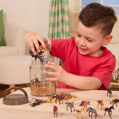 Terra by Battat Caballos en Tubo, Figuras de Caballos en Miniatura | Set de 60 caballos de juguete de plástico en distintas posturas, para dioramas o coleccionar, Caballos en tubo, 3 años y +