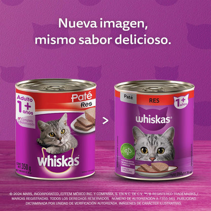 WHISKAS - Alimento para Gato Adulto en Lata, Sabor Atún, Vitamina A y Taurina, Paquete de 24 Piezas, 350g c/u,