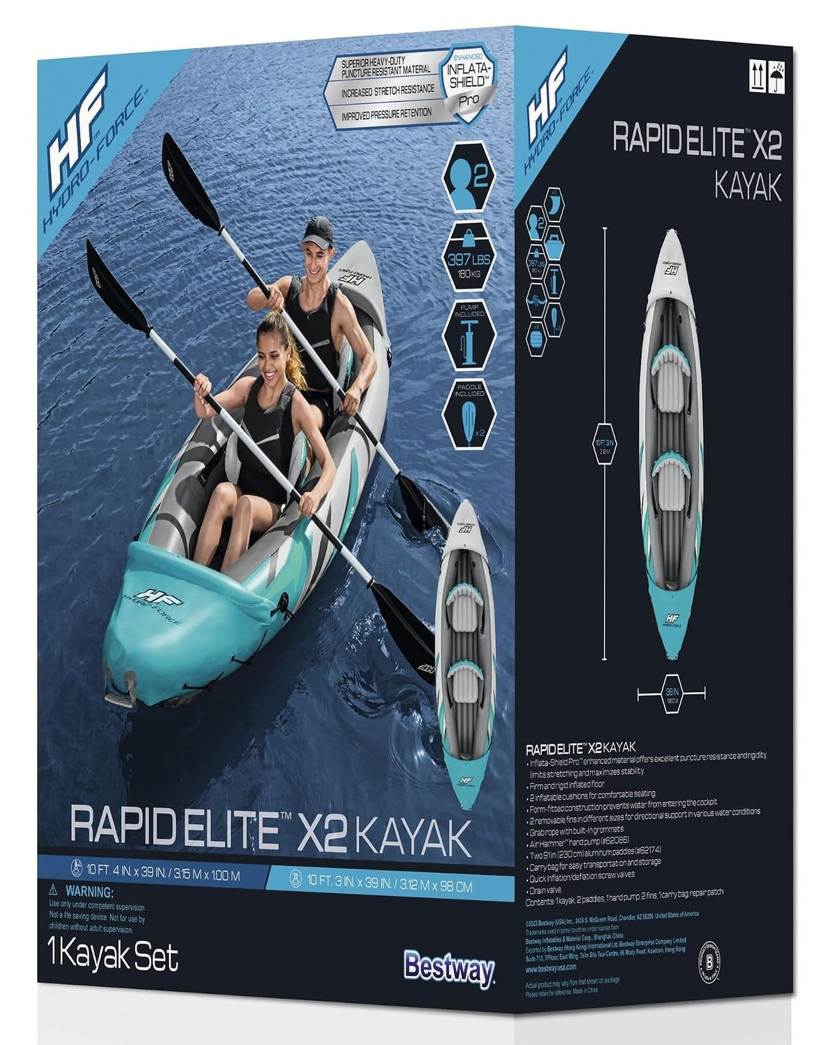 Bestway Hydro-Force - Juego de Kayak Inflable Rapid Elite para 2 Personas | Incluye Kayak, 2 paletas de Aluminio, Bomba de Mano, 2 Aletas y Bolsa de Transporte