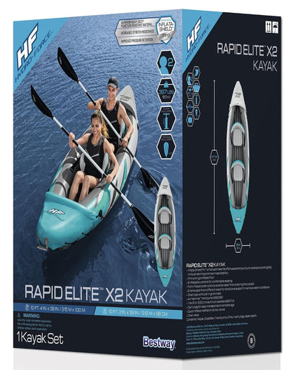 Bestway Hydro-Force - Juego de Kayak Inflable Rapid Elite para 2 Personas | Incluye Kayak, 2 paletas de Aluminio, Bomba de Mano, 2 Aletas y Bolsa de Transporte