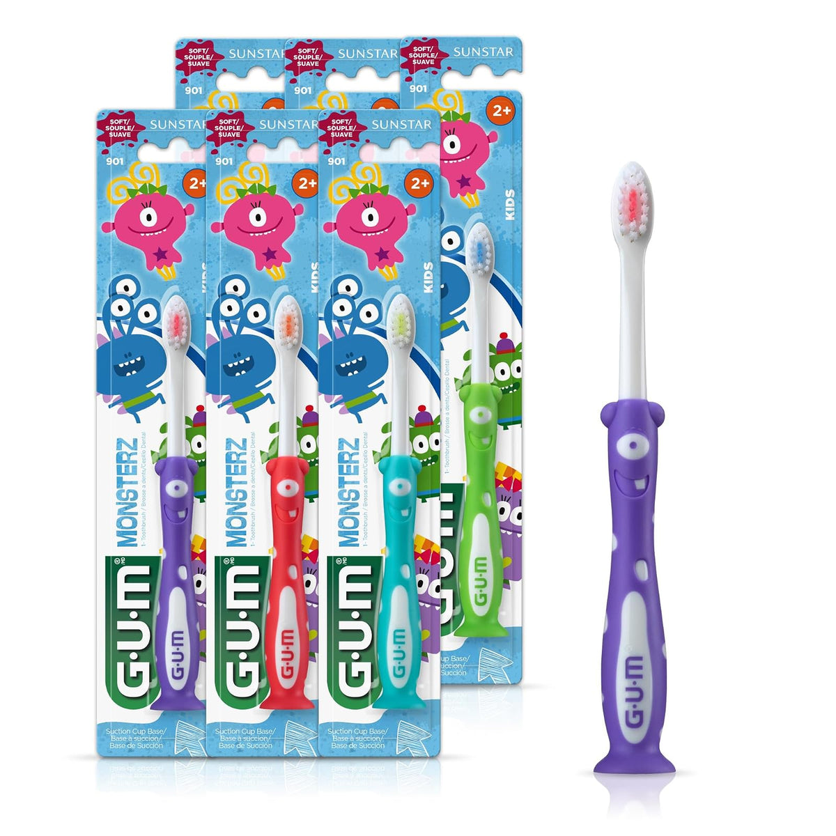GUM Monsterz Cepillo Dental Infantil Suave, 2+ Años, Paquete de 6 - A partir de 2 años - 1 Count (pack of 6)