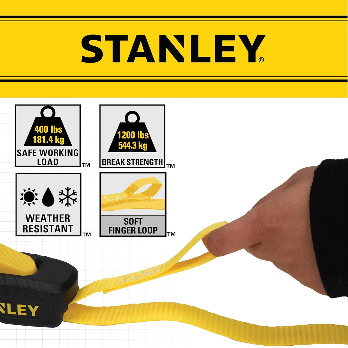 STANLEY S2001 - Correas de Amarre con Hebilla de Leva de 1 Pulgada x 10 pies, Color Negro y Amarillo - Carga de Trabajo Segura de 400 Libras, Resistencia a la Rotura de 1 Libra, Paquete de 2