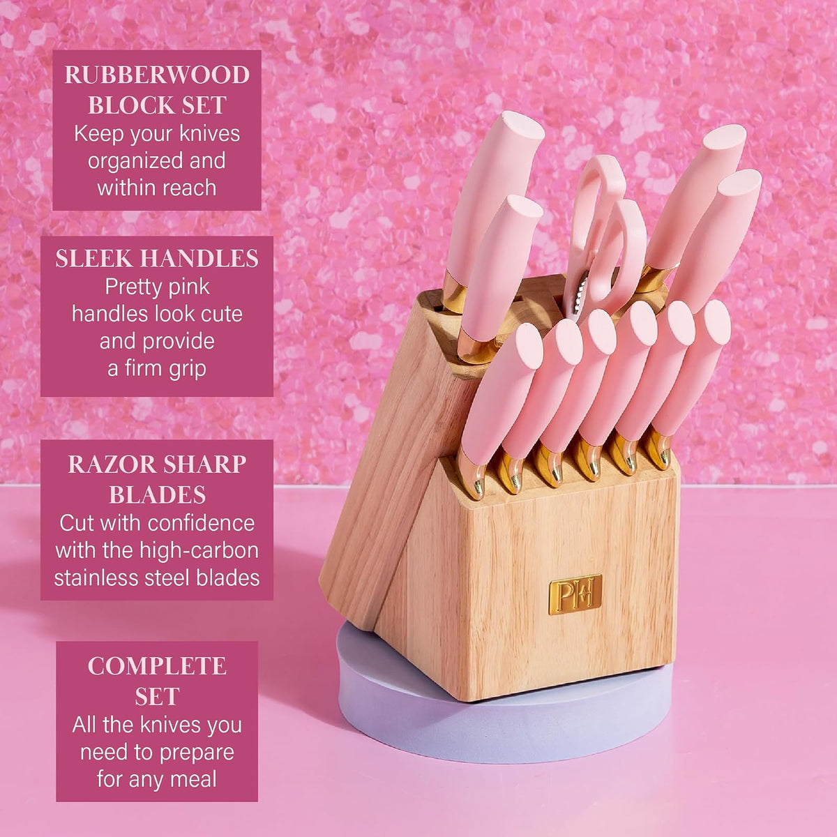 Paris Hilton - Juego de cuchillos de 12 piezas con bloque, cuchillería de acero inoxidable de alto carbono, cuchillas de precisión y mangos ergonómicos, color rosa
