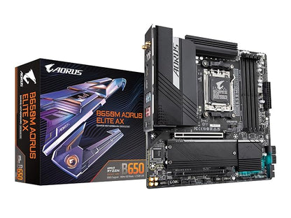 GIGABYTE B650M AORUS Elite AX (AM5/ LGA 1718/ AMD B650/ Micro-ATX/DDR5/ 2* M.2/ PCIe 5.0/ USB 3.2 Gen2X2 Type-C/Intel 2.5GbE LAN/Q-Flash Plus/EZ-Latch/Placa Base para Juegos)