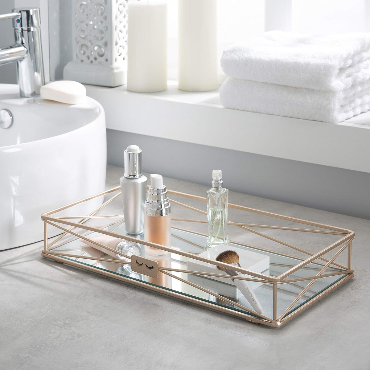 Home Details Gorgeous Mirrored, Perfecto para Joyas, artículos de Cambiador, organización de baño, Perfume, Maquillaje, decoración, Bandeja de Cambiador de Oro Rosa, 14 x 7 x 2 Pulgadas