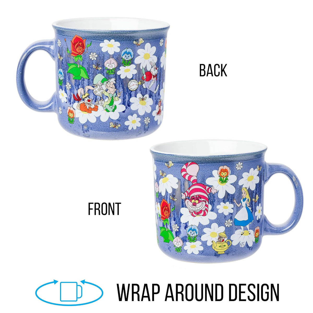 Silver Buffalo Disney Alicia en el país de las maravillas con gato Cheshire, sombrerero loco, conejo blanco y más esmaltado reactivo, taza de cerámica campista de 20 onzas