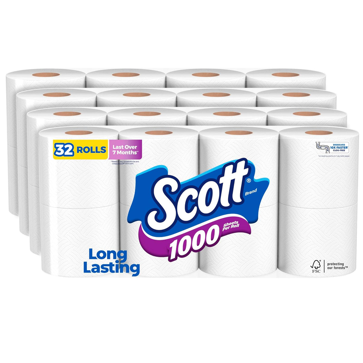Scott 1000 hojas por rollo, 32 rollos (4 paquetes de 8), papel higiénico