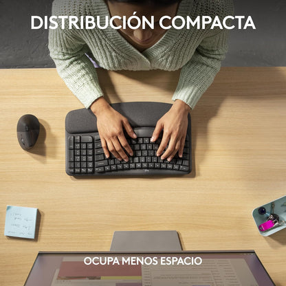 Logitech Wave Keys for Business, Teclado ergonómico inalámbrico con reposamanos Acolchado, tecnología Logi Bolt Segura, Bluetooth, Compatible con Windows/Mac/Chrome/Linux - Grafito