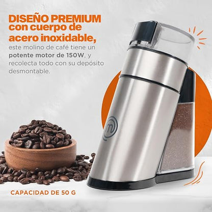 Hukën x MasterChef | Molino de Café Eléctrico Premium Grind+ 50 g | Depósito Desmontable | Molienda por Botón | Cuerpo y Aspas de Acero Inoxidable | Motor 150 W | Compacto y Potente