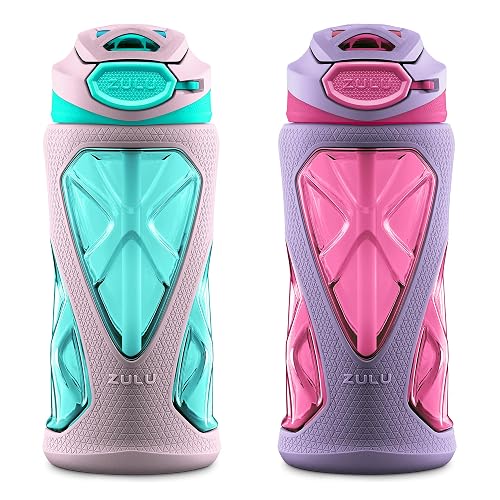 ZULU - Paquete de 2 botellas de agua de plástico para niños de 16 onzas con funda de silicona y tapa abatible a prueba de fugas, bucle de transporte suave al tacto para mochila escolar, lonchera sin