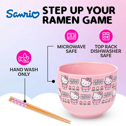 Silver Buffalo Sanrio Hello Kitty - tazón de arroz con palillos para fideos de cerámica con diseño de flores, apto para microondas, 20 onzas