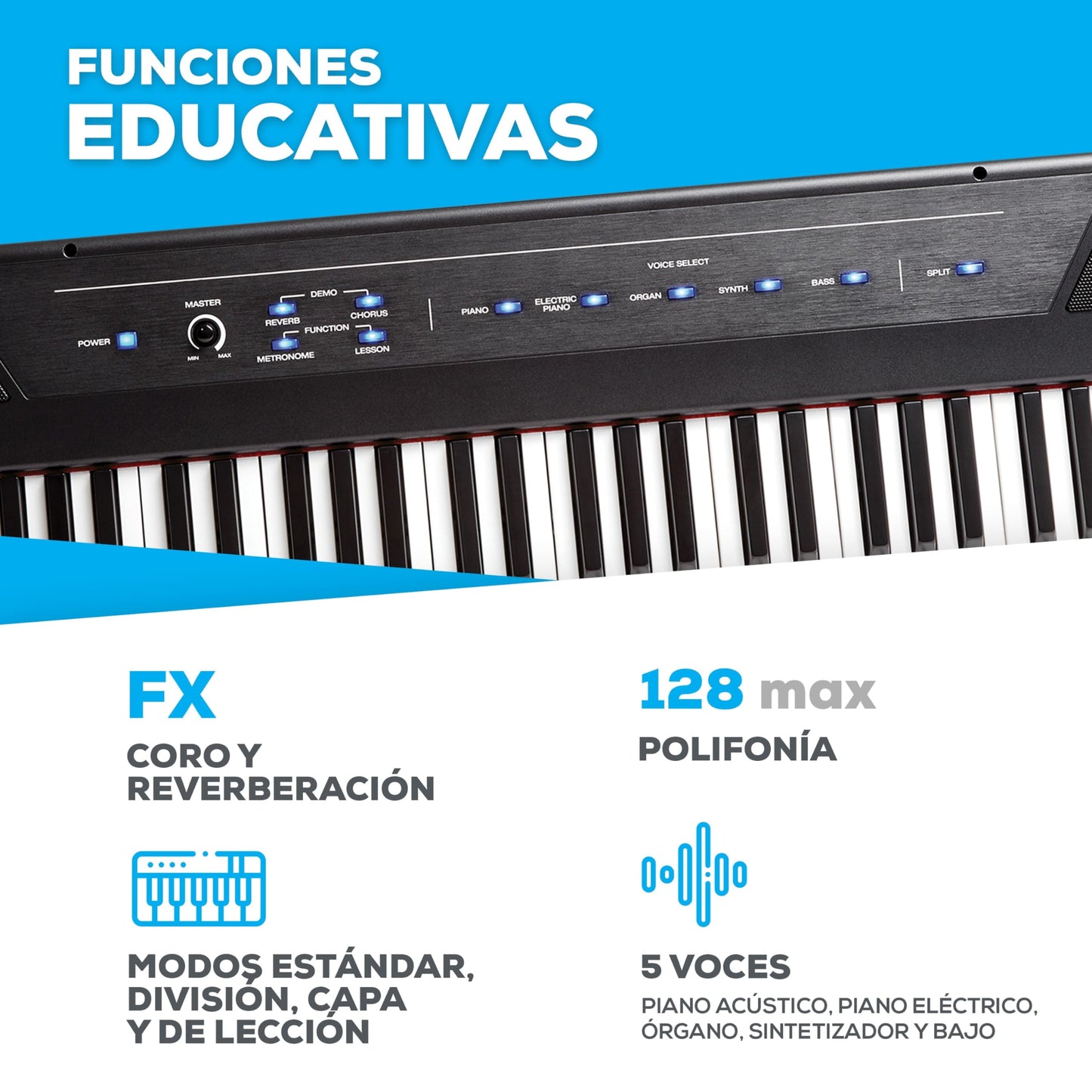 Alesis Recital - Piano Eléctrico digital con teclado de 88 Teclas Semi-contrapesadas full size, altavoces integrados y 5 voces premium