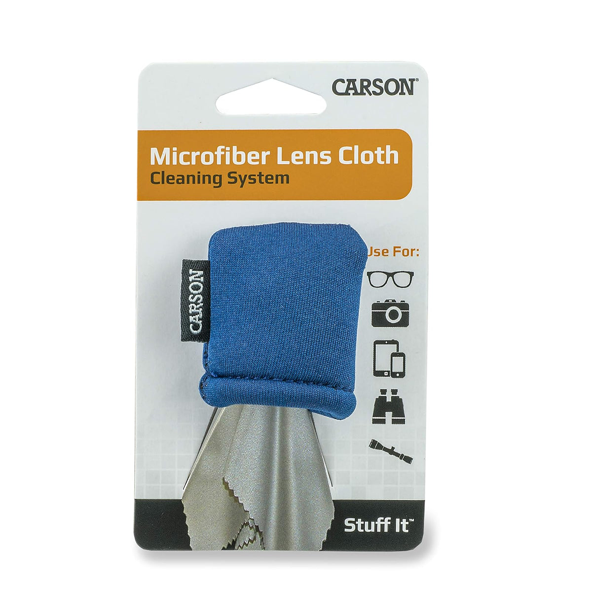 Carson Stuff-It - Sistema de Limpieza de Lentes de Microfibra para Lentes, Smartphones, tabletas, Lentes ópticas, cámaras y más, 6.25 x 6.25 Pulgadas, Color Azul (SN-40BUAM)