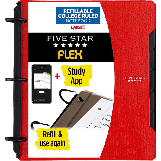 Five Star Flex - Cuaderno recargable + aplicación de estudio, papel rayado universitario, anillos TechLock de 1 pulgada, bolsillos, pestañas y divisores, capacidad de 200 hojas, el color variará