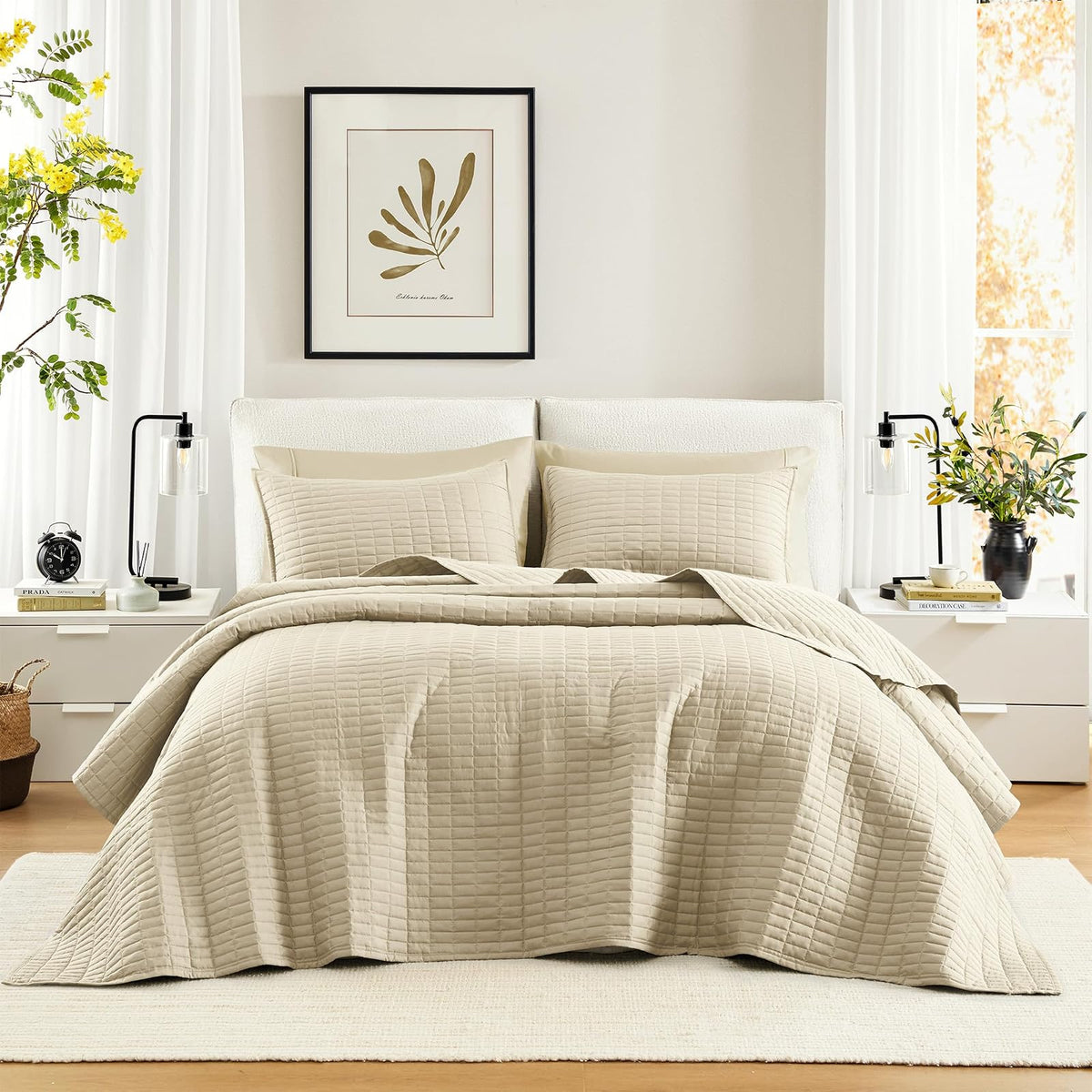 Comfort Spaces - Edredón Queen para todas las estaciones, colcha de color marfil con diseño de costura de doble cara, manta de verano suave a juego, colcha de la colección Kienna (102 x 118 pulgadas),