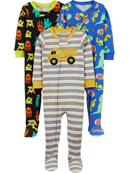 Simple Joys by Carter's Paquete de 3 Pijamas de Algodón con Pies - Monstruos - Dino - Construcción. - 18 Meses - Paquete de 3 pijamas de algodón con pies ajustados